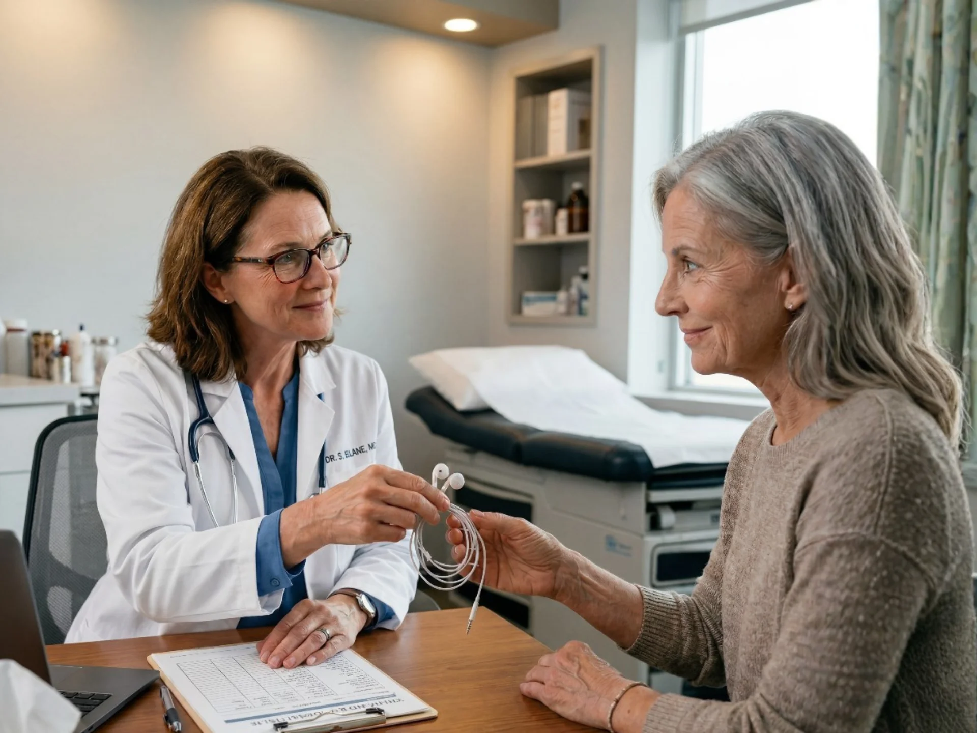 Doctor handing white headphones to a patient during an audiology consultation