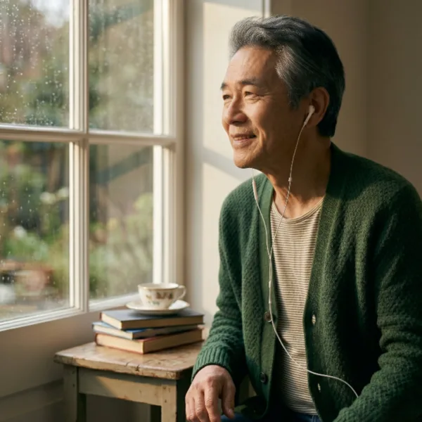 Older man listening to personalized sound therapy with earbuds in a calm home setting by the window