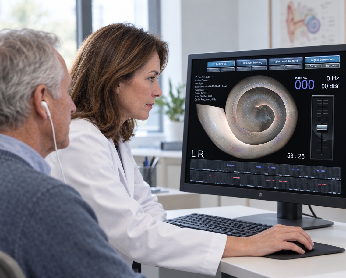 REVE134 calibration software displaying a frequency visualization on a clinic monitor
