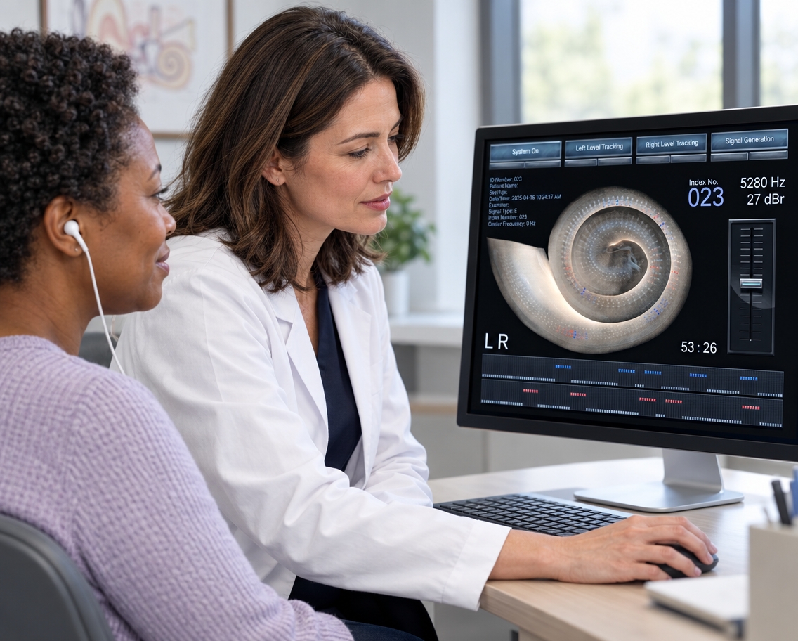 Audiologist handing white over-ear headphones to a patient during a tinnitus consultation