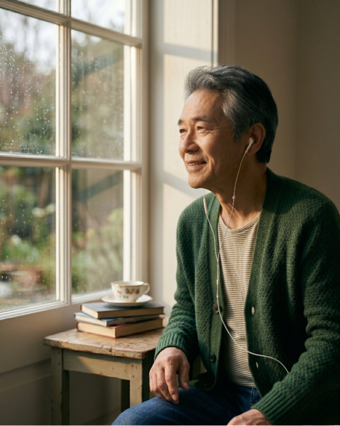 A man relaxing by a window at home, wearing calibrated earphones for precision sound therapy